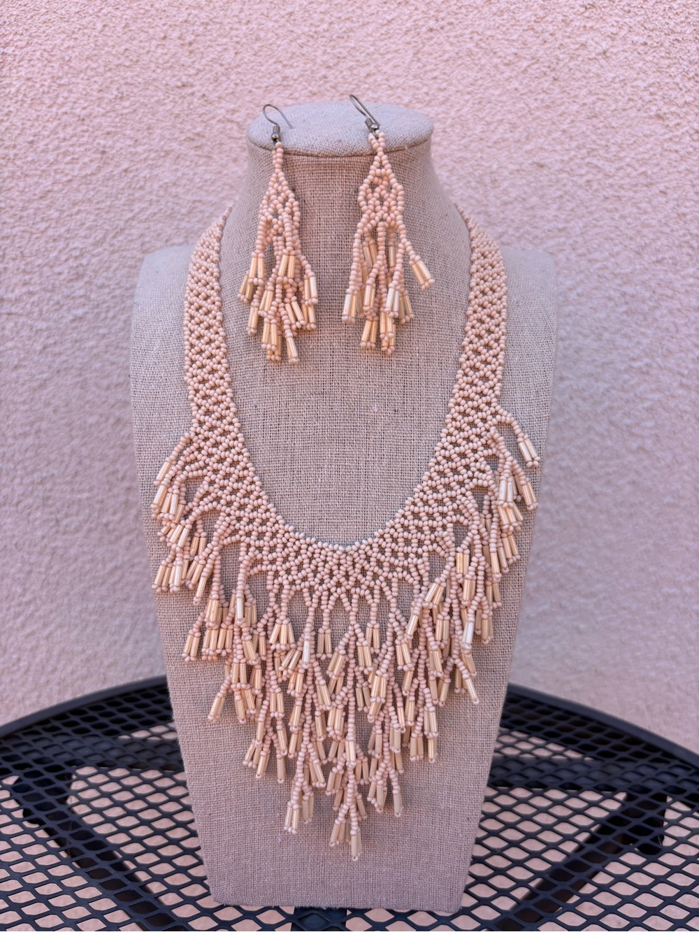 Handmade Beige Beaded Fringe Necklace and Earrings Set NWOT